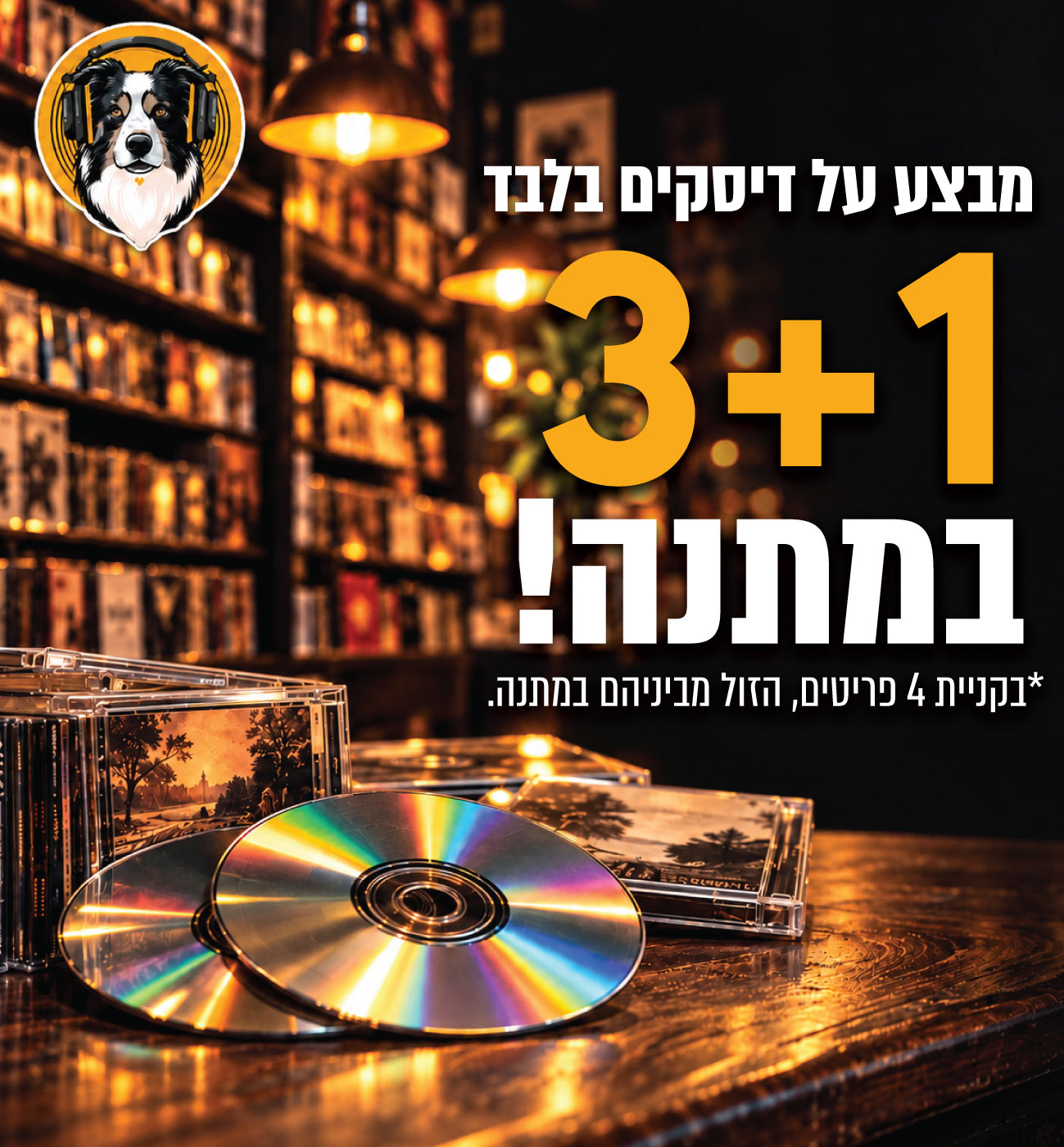 מבצע על דיסקים בלבד 1 + 3 במתנה! *בקניה 6 פריטים, הזול מביניהם במתנה.